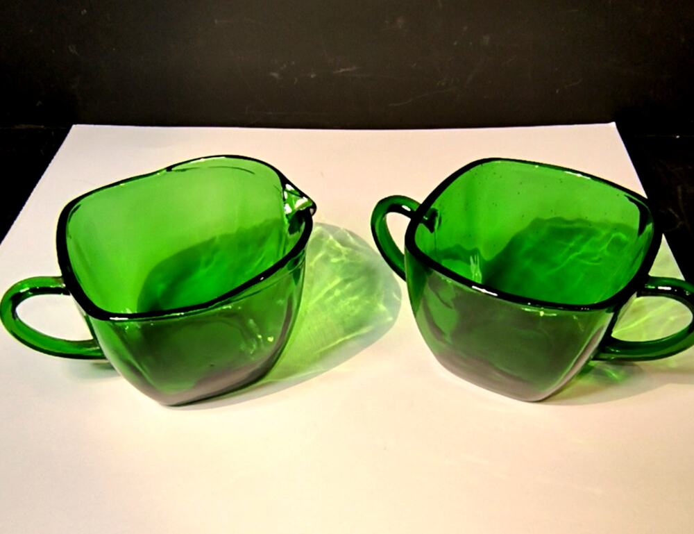 1931.  Forest Green Glass Sugar and Creamer Set MCM